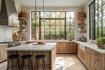 Modern farmhouse kitchen with white oak cabinets, grey marble countertops, black barstools, large windows, and natural wood floors.