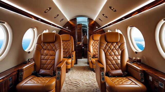 Luxurious private jet interior with leather reclining seats, oval windows, ambient lighting, and elegant wooden finishes during mid-flight

