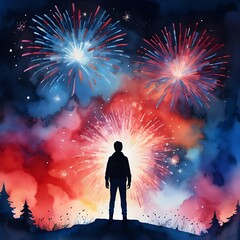 Silhouette of a Person Watching Fireworks