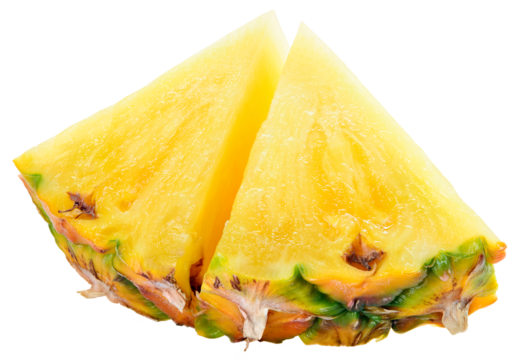 Pineapple isolated png. Pineapple slice on transparent background. Cut pineapple no background top view. Two triangle pineapple slices transparent png. Full depth of field.