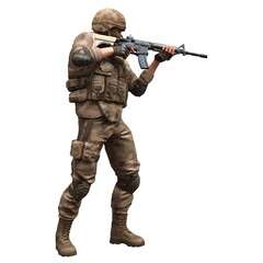 Soldier with a machine gun isolated white background 3d illustration