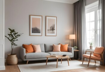 Fototapeta premium Modern Living Room Interior with Gray Sofa and Orange Pillows