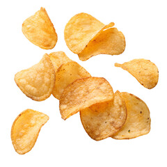 floating potato chips isolated on transparent background, PNG file