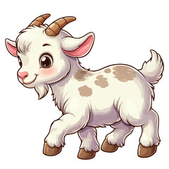 Fototapeta premium Charming cartoon illustration of a cute baby goat with big, adorable green eyes, white fluffy fur, small horns, and a playful expression, taking a step. Represents adorable animals, farm animals, and 