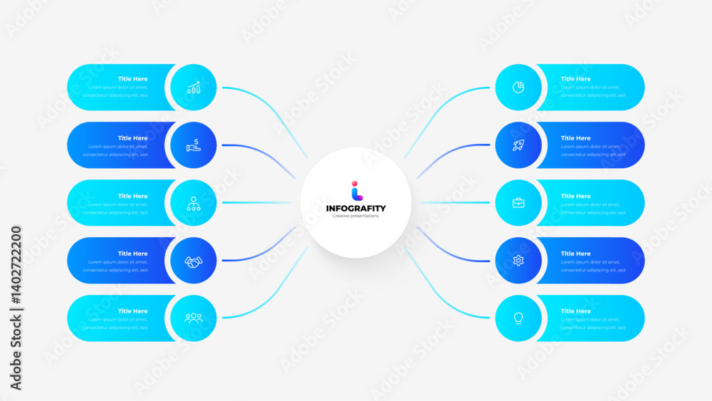 Poster Colorful infographic featuring circular elements and connecting lines. Ideal for data visualization, business presentations, or educational materials. Organizational chart with 10 Steps
