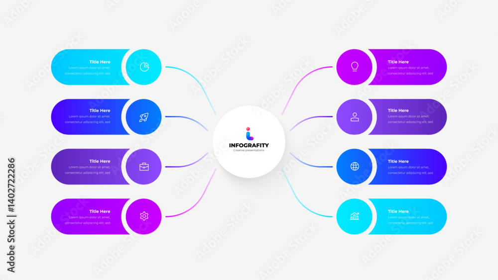 Poster Infographic with 8 connected elements representing organized data presentation and business strategy, ideal for professional presentations and analytics displays