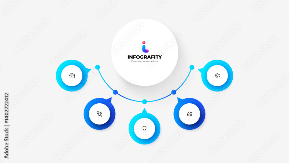 Poster Infographic showcasing a business organizational chart with five connected elements. Clean, modern design emphasizes visuals for workflow and planning concepts