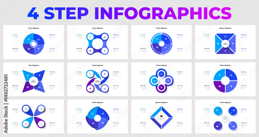 Aufkleber set of twelve infographic templates featuring four step diagrams in various geometric shapes, ideal 