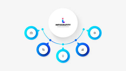Infographic showcasing a business organizational chart with five connected elements. Clean, modern design emphasizes visuals for workflow and planning concepts