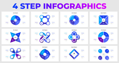 Set of twelve infographic templates featuring four step diagrams in various geometric shapes, ideal for presentations and visual communication in business, marketing, and educational settings
