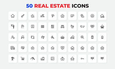 Set of 50 minimalist line art icons depicting various real estate concepts, property elements, and housing structures. Ideal for design projects, marketing materials, and real estate presentations