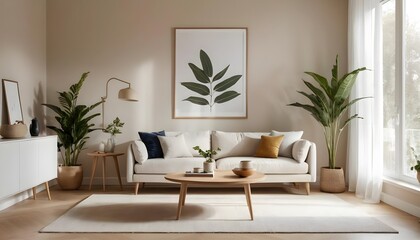 Fototapeta premium Modern Beige Living Room Interior with Plants and Natural Decor