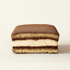 Fototapeta premium A thick slice of tiramisu with creamy mascarpone filling, layers of coffee-soaked sponge, and a dusting of cocoa powder