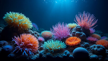 Coral reefs that emit light, coral, close-up shots, self illuminating. colorful coral reefs are displayed in front of you