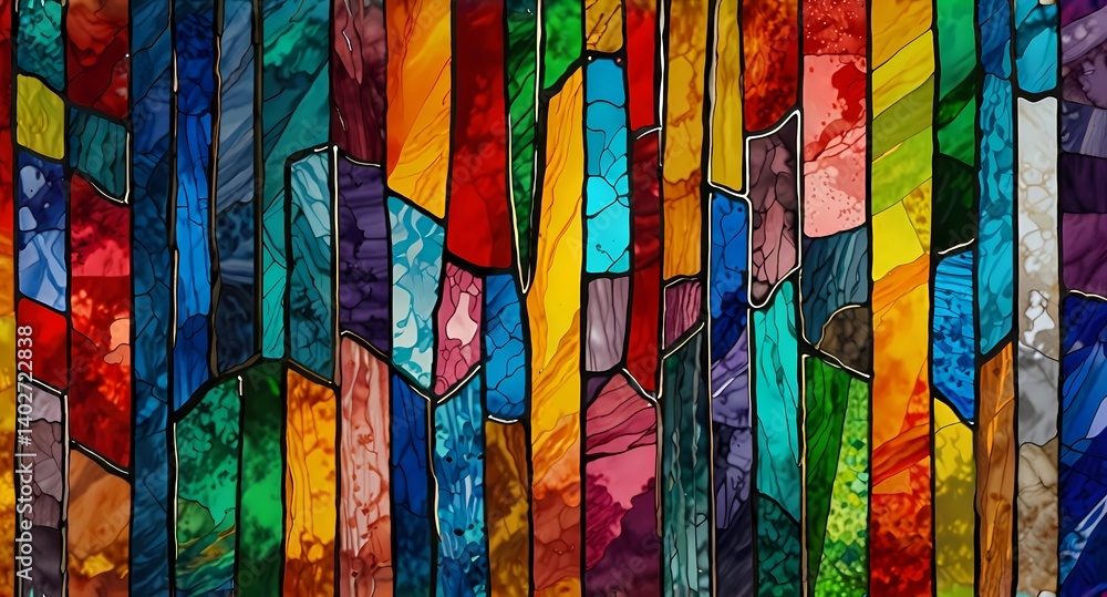 Poster abstract stained glass panel with vibrant colors and geometric shapes in a vertical pattern design