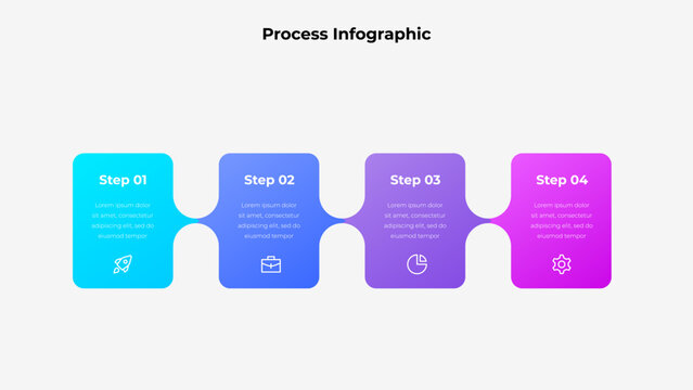 A visually appealing infographic illustrating four steps in a linear design, featuring vibrant colors and icons. Ideal for presentations, project planning, business strategies, and creative workflows