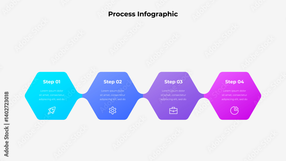 Fototapete Gradient infographic showing a four step process with colorful hexagonal shapes and icons, conceptually representing stages or plans in a clear and modern design