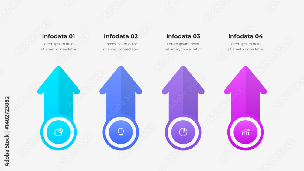 Poster illustration of colorful arrow designs representing infographics for business data and analysis. per