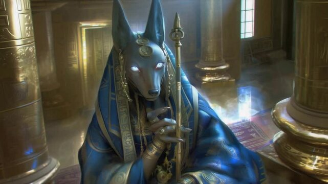Jackal-headed deity Anubis of ancient Egypt sits in contemplation within a golden temple chamber, wearing ornate blue robes with hieroglyphic patterns and holding a ceremonial staff
