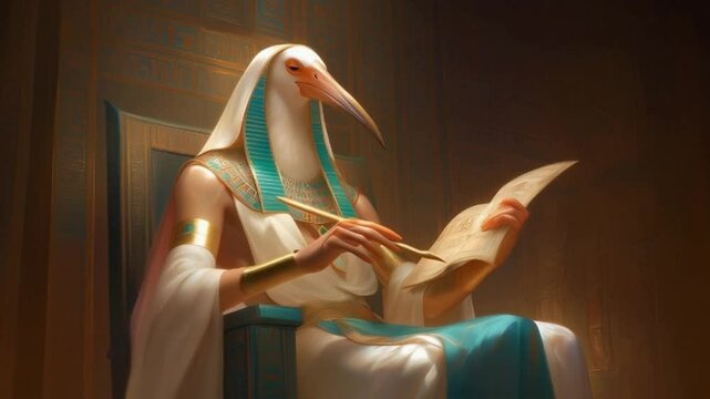 Thoth, ibis-headed ancient Egyptian god of knowledge, dressed in ornate clothing and jewelry, sits intently studying a scroll or book in an ancient temple