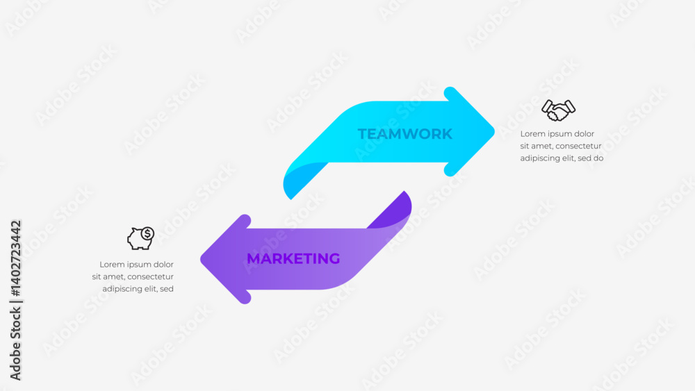 Poster infographic illustrating teamwork and marketing collaboration using colorful arrows and icons. the d