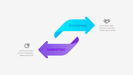 Infographic illustrating teamwork and marketing collaboration using colorful arrows and icons. The design emphasizes efficiency, communication, and professional synergy in business contexts
