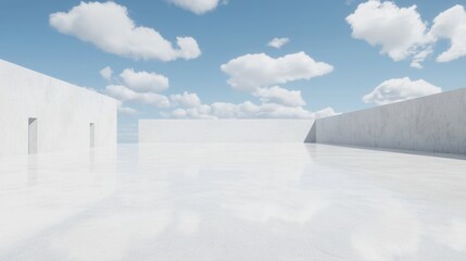 A white concrete building with a flat roof and a few windows, surrounded by a white concrete wall and a blue sky with clouds.