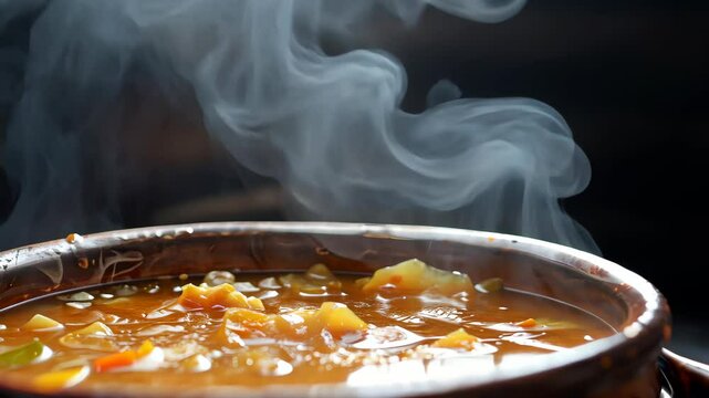 Close-up of hot Vegetable Soup in a rustic bowl with visible steam, on a dark background. Ideal for recipe websites, food magazine articles, and cooking instructions with copy space.