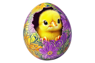 Adorable cute yellow chick emerging from cracked colorful floral eggshell isolated on white transparent background. Symbolizing Easter, spring, and new beginnings
