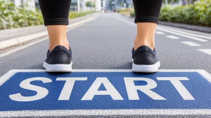 Shoes at start line on asphalt road: business motivation personal growth and new beginnings ready to run step forward achieve goals with urban background 