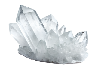 Natural clear quartz crystal formation with reflective surfaces and sharp edges, transparent background