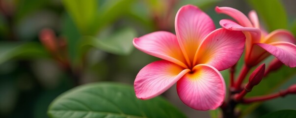 Close-up of vibrant pink frangipani flower with yellow center, flora, isolated