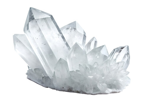 Natural clear quartz crystal formation with reflective surfaces and sharp edges, transparent background
