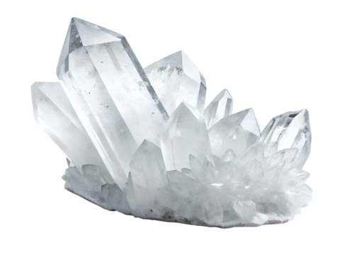 Natural clear quartz crystal formation with reflective surfaces and sharp edges, transparent background