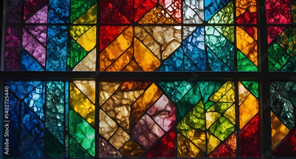 Poster a close up view of a stained glass window with multiple colors and geometric shapes in a grid patter