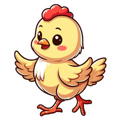 Charming cartoon illustration of a cute, fluffy yellow baby rooster with big, adorable eyes, a small red comb, and a cheerful expression, taking a step. Represents adorable animals, baby farm animals,