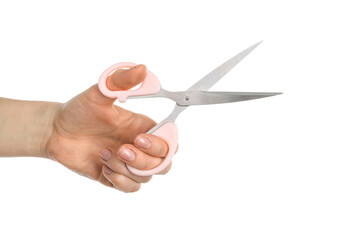 Woman with scissors on white background, closeup