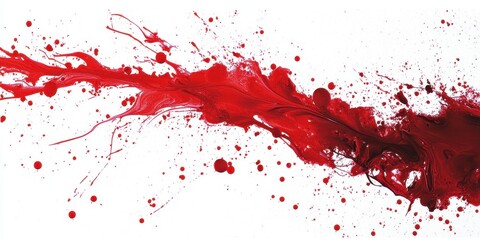 Red colored paint splatters dramatically across a white background surface