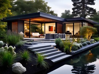 Fototapeta premium Modern Home with Water Feature and Patio