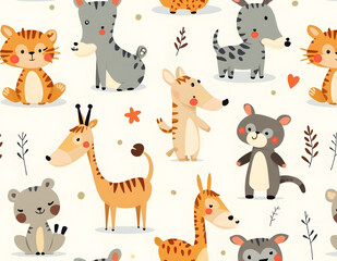 Fototapeta premium A charming seamless pattern of cheerful cartoon safari animals, ideal for children's designs and decorations.