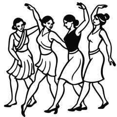 Black silhouette vector illustration of dancing girls in fashionable dresses
