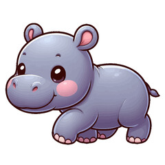 Naklejka premium Charming cartoon illustration of a cute baby hippopotamus with big, adorable eyes, a round body, and a gentle smile, taking a step. Represents adorable animals, African wildlife, and children's themes