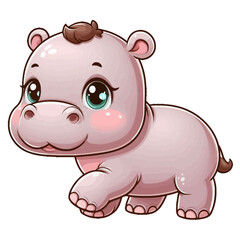 Fototapeta premium Charming cartoon illustration of a cute baby hippopotamus with big, adorable eyes, a round body, and a gentle smile, taking a step. Represents adorable animals, African wildlife, and children's themes