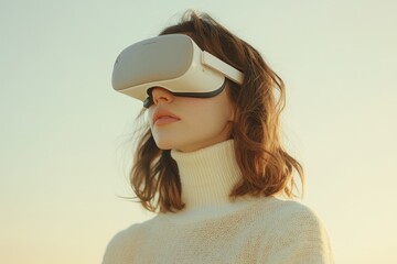 Woman with brown hair wearing a white turtleneck sweater uses VR headset outdoors at sunset.