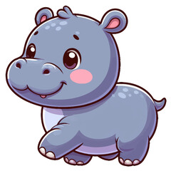 Obraz premium Charming cartoon illustration of a cute baby hippopotamus with big, adorable eyes, a round body, and a gentle smile, taking a step. Represents adorable animals, African wildlife, and children's themes