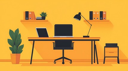 Minimalist Home Office with Yellow Background, Minimalist home office with a desk, laptop, lamps, and plants against a yellow background
