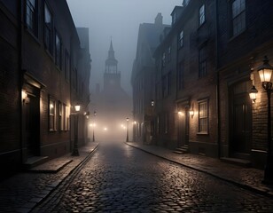 Fototapeta premium Misty Cobblestone Street at Night