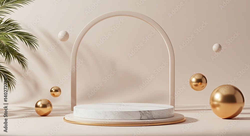 Poster a white pedestal with a gold arch and a palm tree in the background