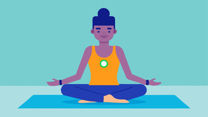 Person in Yoga Pose An individual in a meditative yoga pose on a mat wearing a fitness tracker that shows biometric readings on the screen.