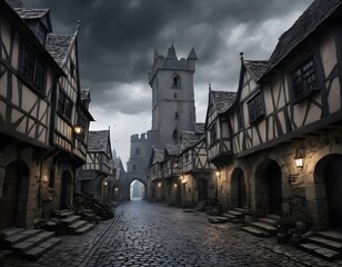 Medieval Town Street at Dusk